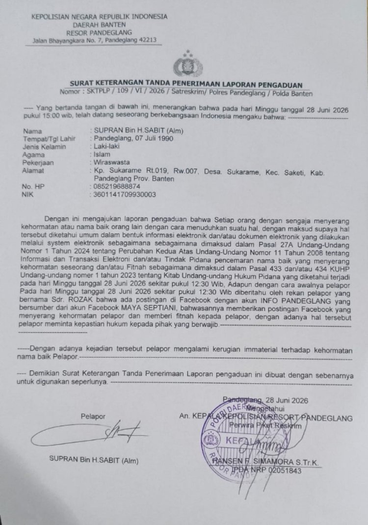 Advokat Moh Supran, S.H. Resmi Laporkan Dugaan Pencemaran Nama Baik ke Polres Pandeglang